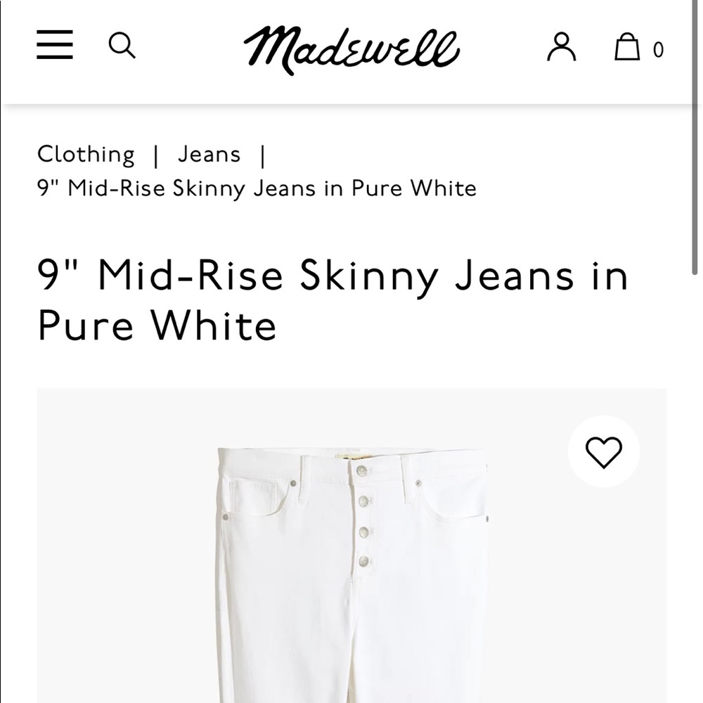 Madewell Mid-Rise 9” Skinny - Pure White Sz 26 NWT